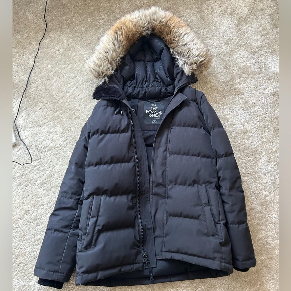 Aritzia Black Parka Coat with Faux Fur Trim